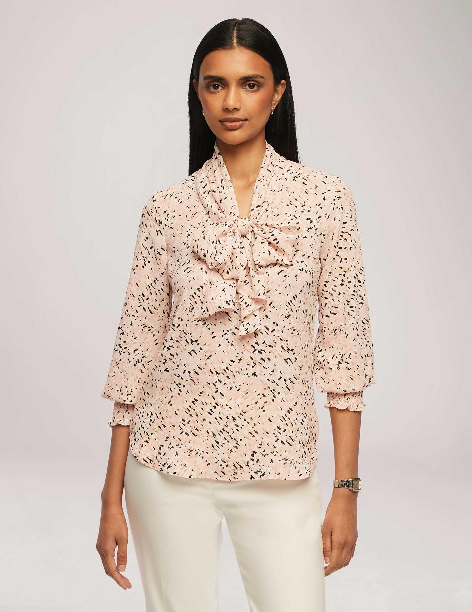 Hauts Anne Klein Printed Smocked Cuff Bow Blouse   | JVQ-8052721